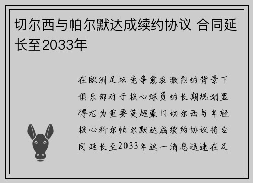 切尔西与帕尔默达成续约协议 合同延长至2033年